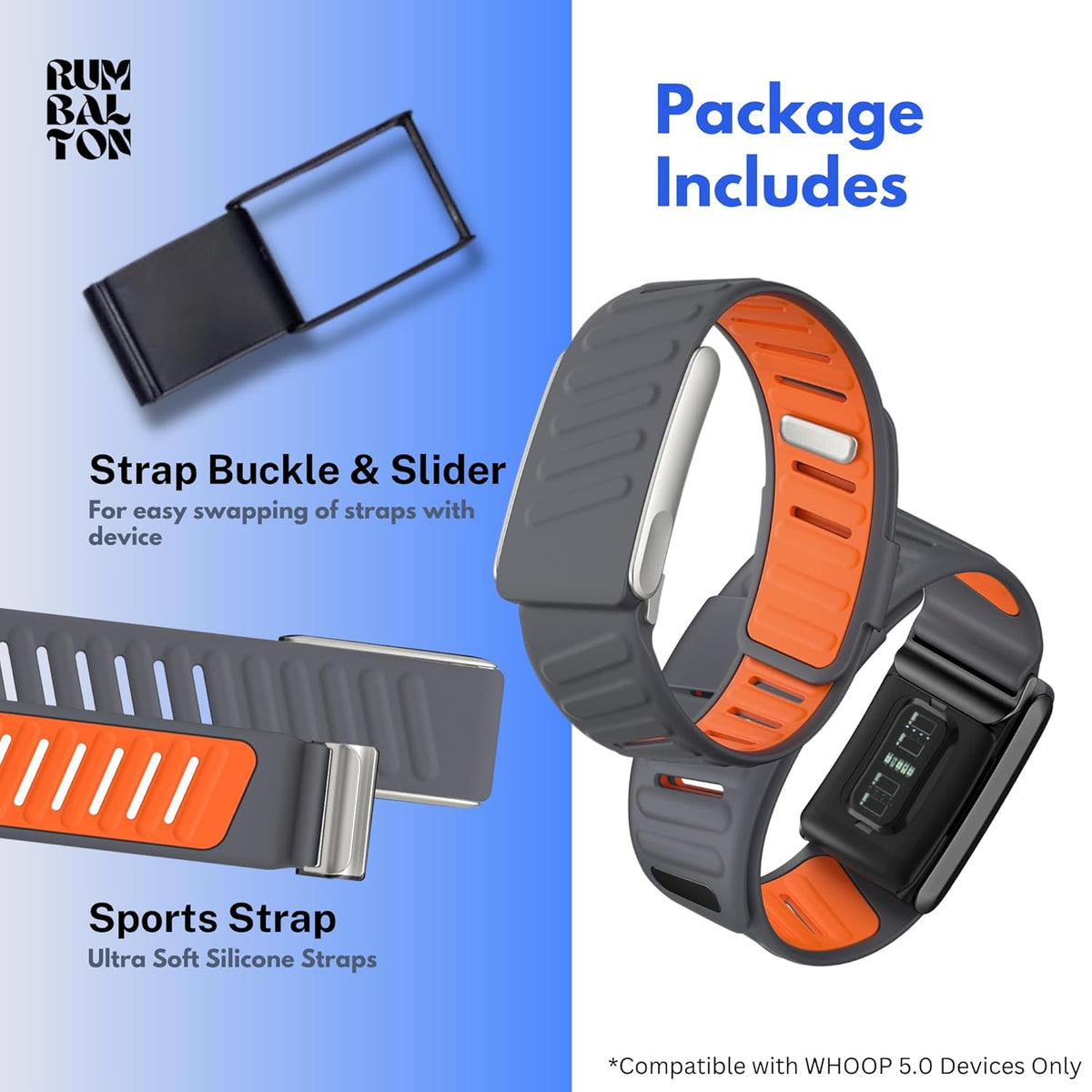 Rumbalton Sport Flex Silicone Straps for WHOOP 5.0 One, Peak, Life/ MG